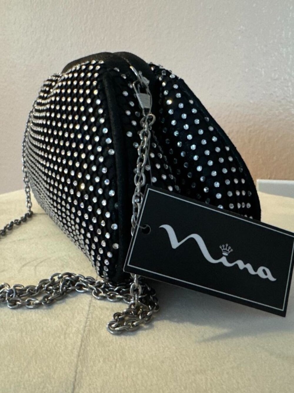 Nina New York Black Rhinestone Clutch Bag M-Milee with Chain Strap NWT